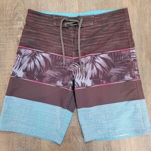 BURNSIDE Board Shorts Men's Size 32 Black Teal Tropical Palm Leaves W/ Wax Tool